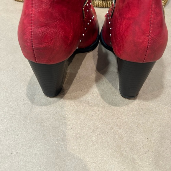 Vibrant Red Ankle Boots with Silver Accents- thick heel - Picture 4 of 14